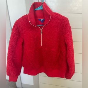 JOYLAB Cherry Red Boucle Zipped High Neck Sweatshirt Sweater with Gold Zipper S